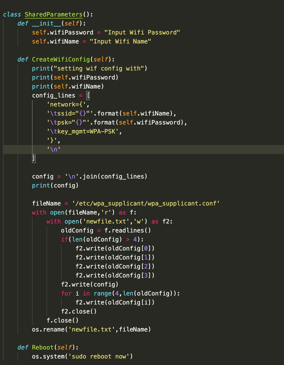 A class that creates shared parameters and methods between the BLE characteristics. Create wifi config opens the wpa_supplicant file, writes the new wifi name and password to the end of it and saves it. Then the raspberry pi reboots itself allowing …