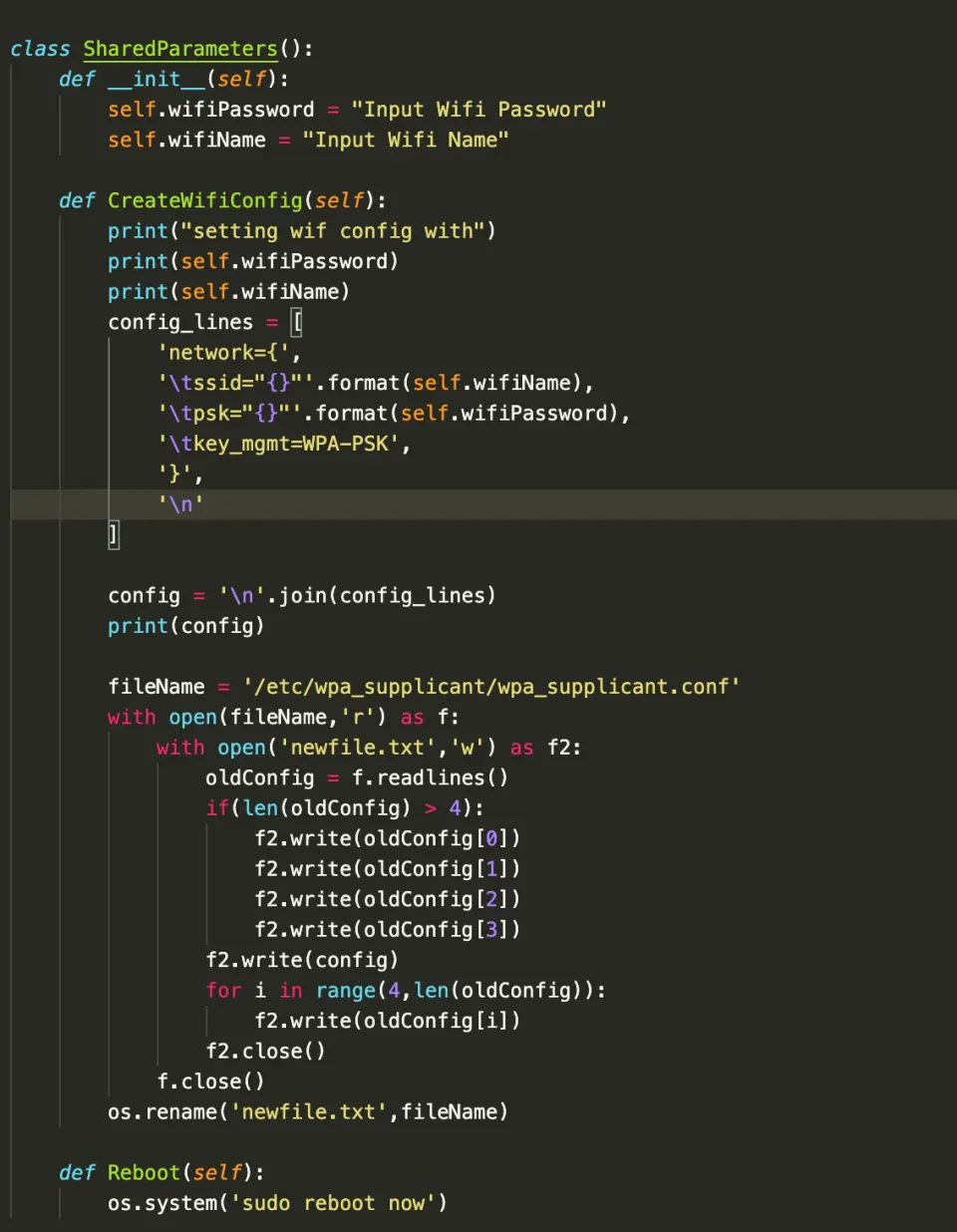 A class that creates shared parameters and methods between the BLE characteristics. Create wifi config opens the wpa_supplicant file, writes the new wifi name and password to the end of it and saves it. Then the raspberry pi reboots itself allowing …