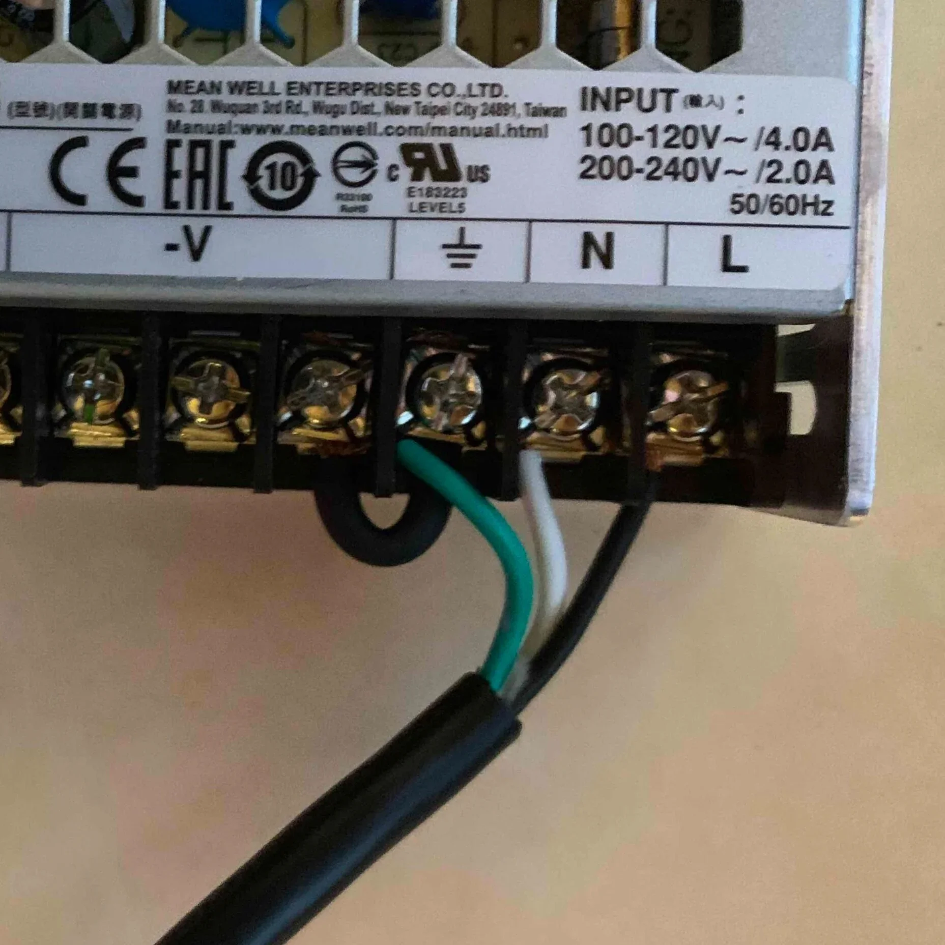 Connect V- and GND, green wire to GND, white wire to N, black wire to L