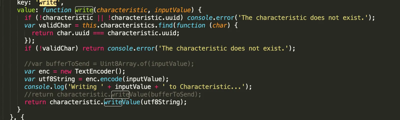 I had to download the p5.ble.js and p5.ble.js.map files and change the encoding in the write message. Strings can not be encoded with the Unit8Array.of method and the code was sending an empty array. I then had to include this updated library in the…