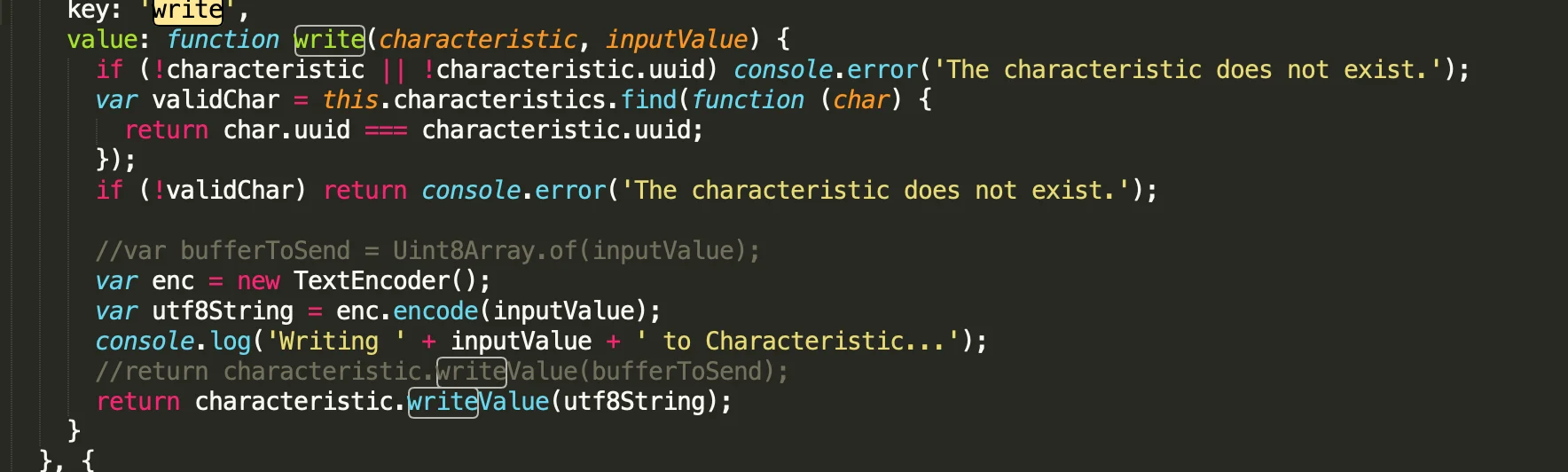 I had to download the p5.ble.js and p5.ble.js.map files and change the encoding in the write message. Strings can not be encoded with the Unit8Array.of method and the code was sending an empty array. I then had to include this updated library in the…