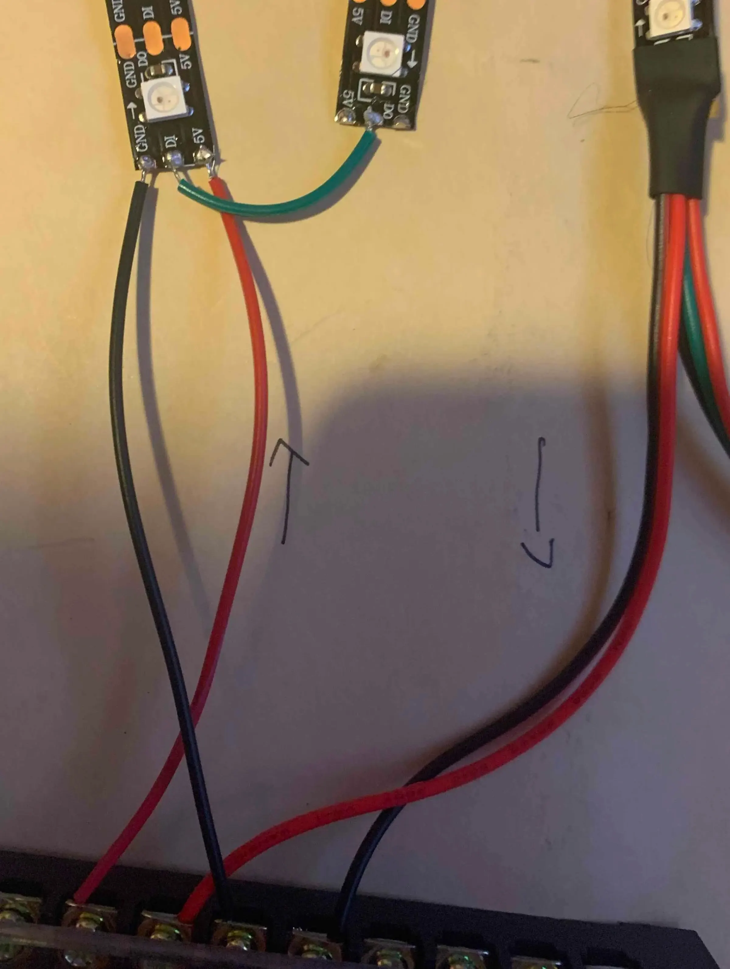 Every 60ish LEDs you will have to add a fresh ground and power line from the terminal block because of voltage drop causing the LEDs to dim and glitch.